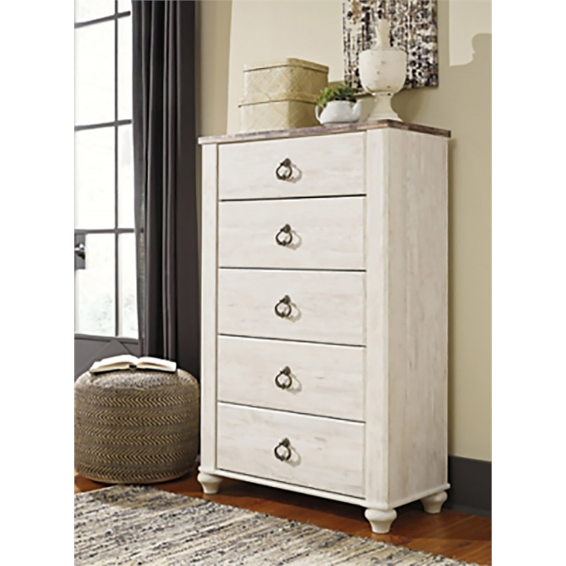Pemberly Row Set of 2 Queen Panel Bed in Whitewash & 5-Drawer Chest in White