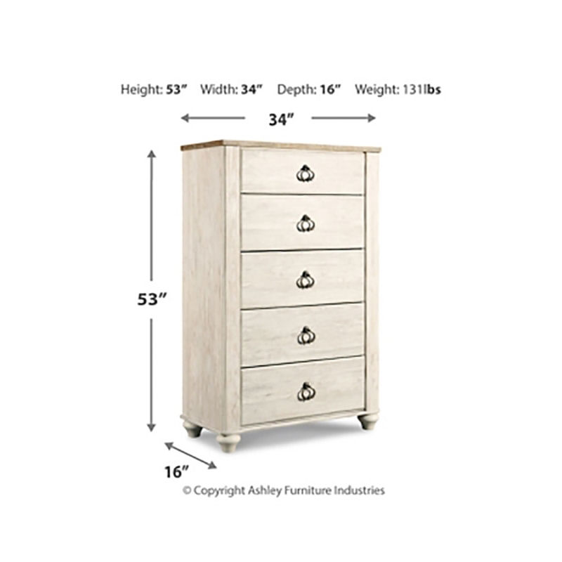 Pemberly Row Set of 2 Queen Panel Bed in Whitewash & 5-Drawer Chest in White