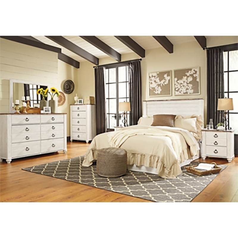 Pemberly Row Set of 2 Queen Panel Bed in Whitewash & 5-Drawer Chest in White