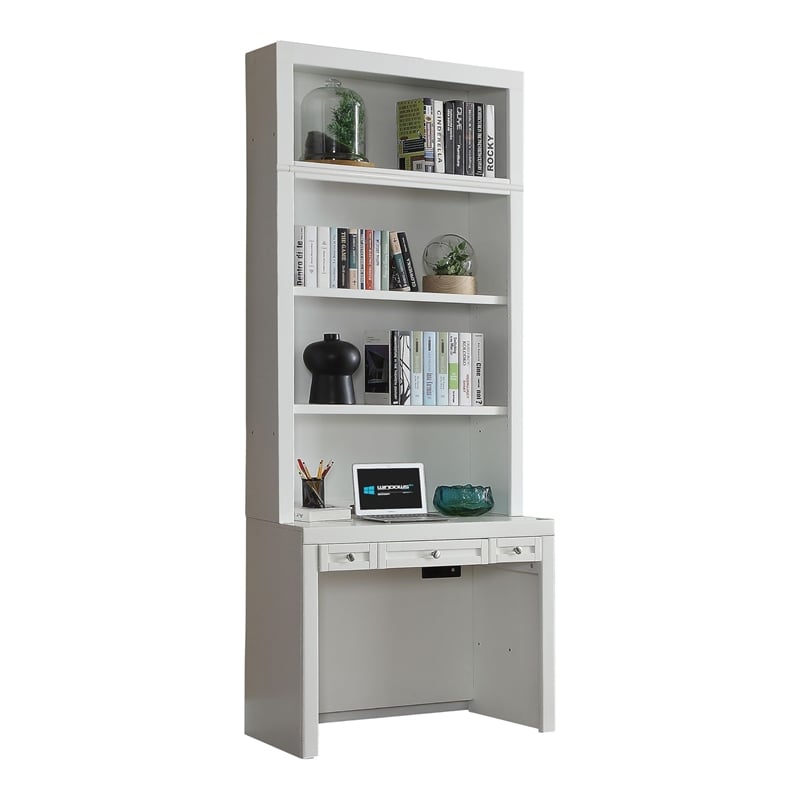 Pemberly Row Farmhouse White Wood Library Desk and Hutch with Adjustable Shelves