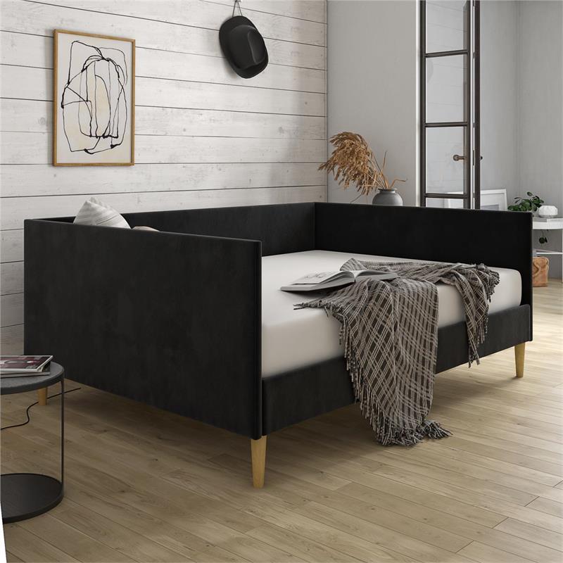 Pemberly Row Mid Century Upholstered Daybed Full Size in Black Velvet