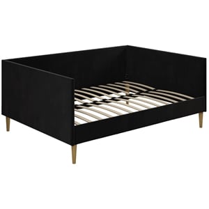 Pemberly Row Mid Century Upholstered Daybed Full Size in Black Velvet