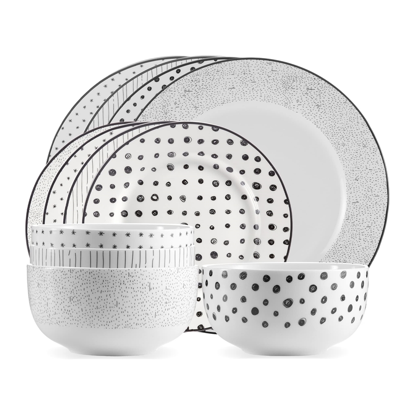Pemberly Row Porcelain Dinnerset 12 Piece in Black White Sketch