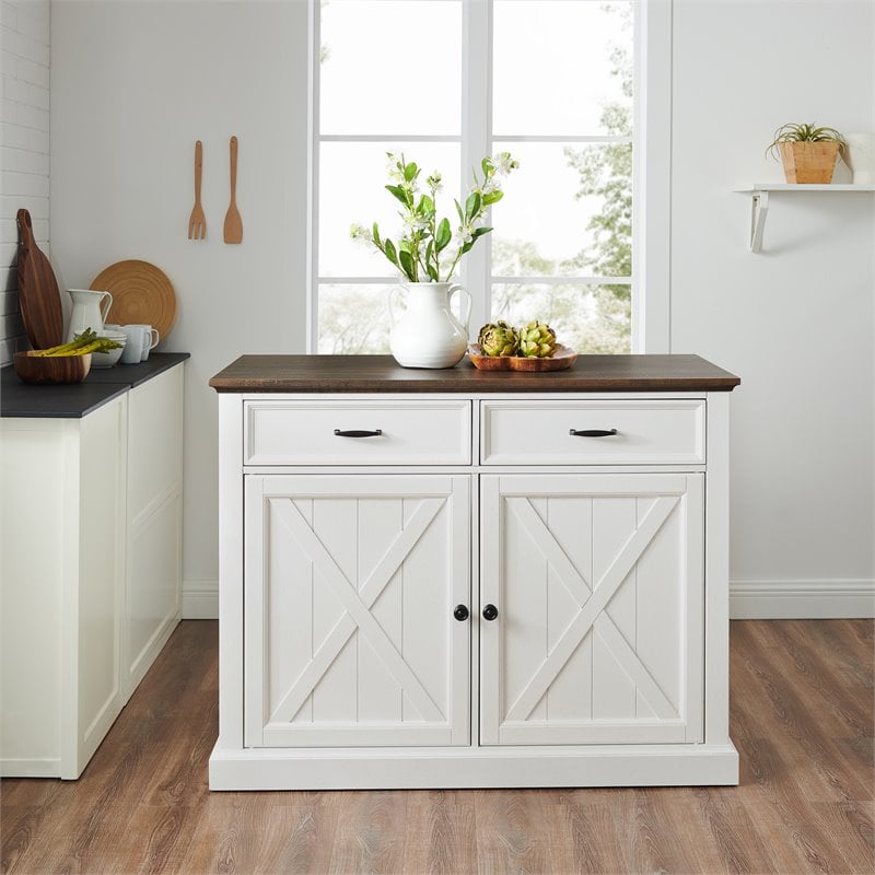Pemberly Row Modern Wood Kitchen Island in Distressed White/Brown