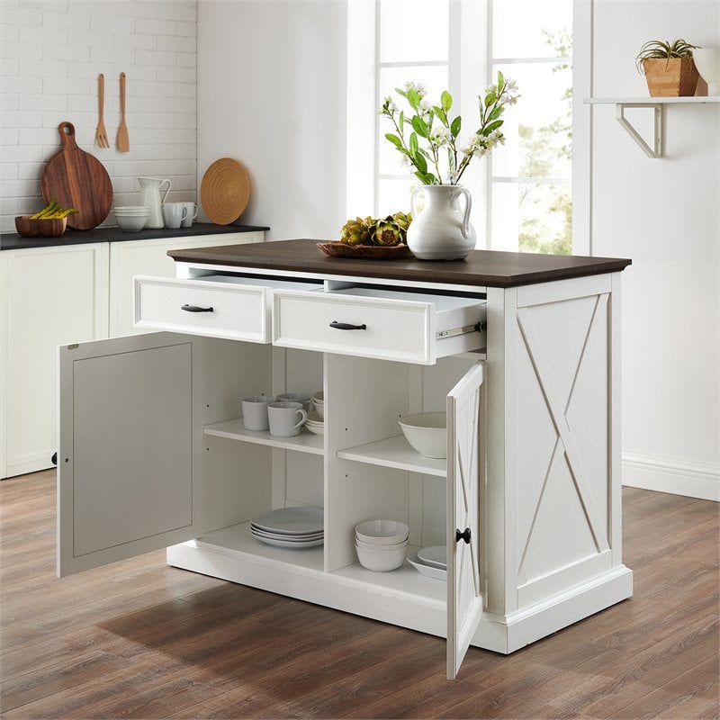 Pemberly Row Modern Wood Kitchen Island in Distressed White/Brown