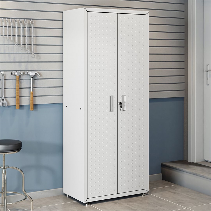 Pemberly Row Contemporary Tall Wood Garage Cabinet in White Finish