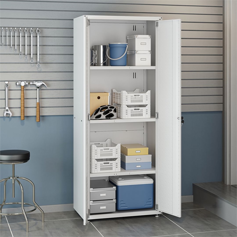 Pemberly Row Contemporary Tall Wood Garage Cabinet in White Finish