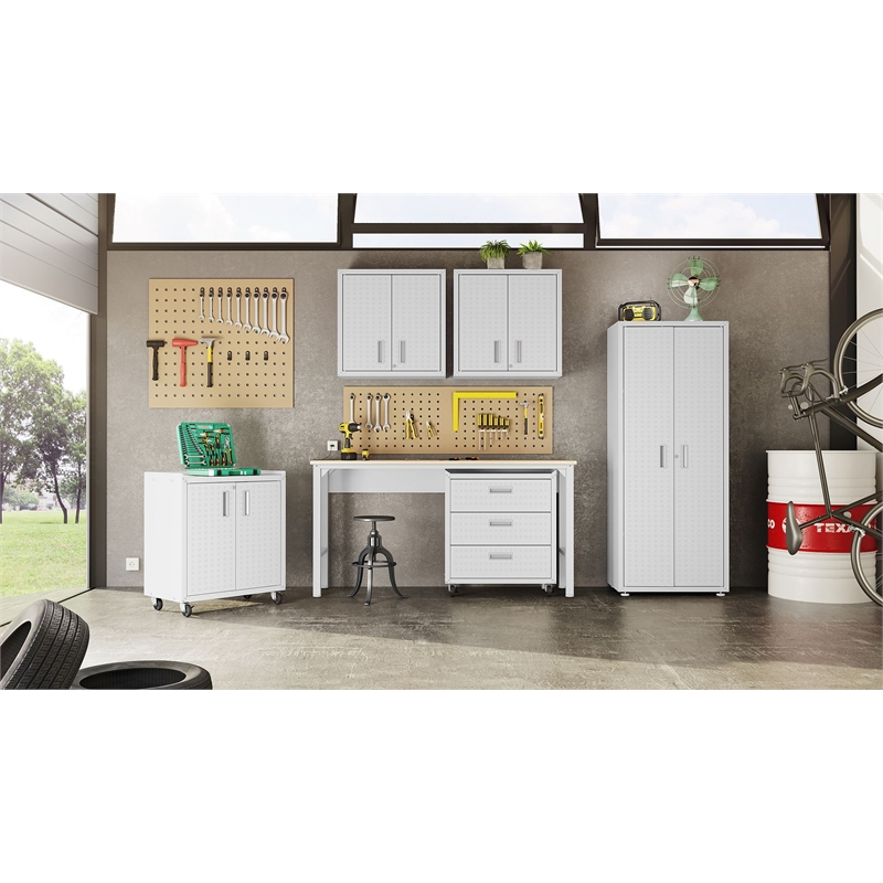 Pemberly Row Contemporary Tall Wood Garage Cabinet in White Finish