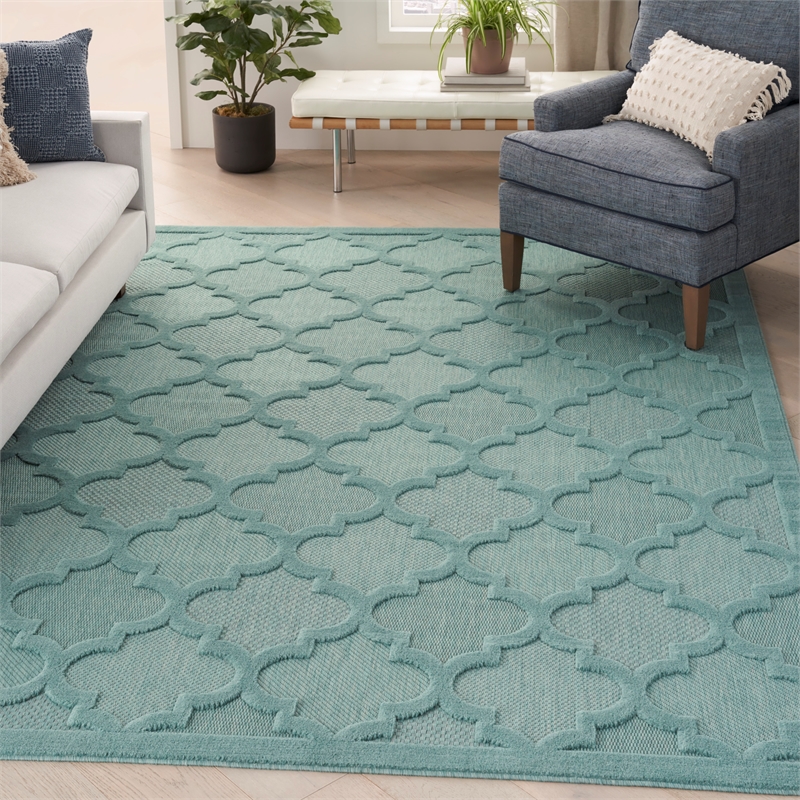 Pemberly Row Easy Care 9' x 12' Aqua/Teal Indoor/Outdoor Fabric Rug