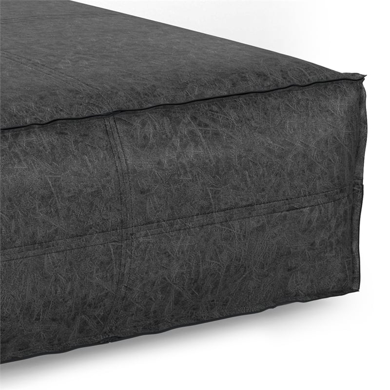 Pemberly Row Square Pouf in Distressed Black Vegan Faux Leather