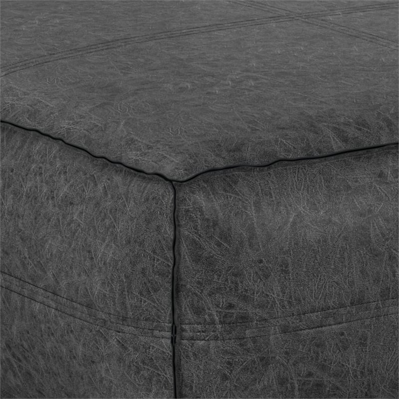 Pemberly Row Square Pouf in Distressed Black Vegan Faux Leather