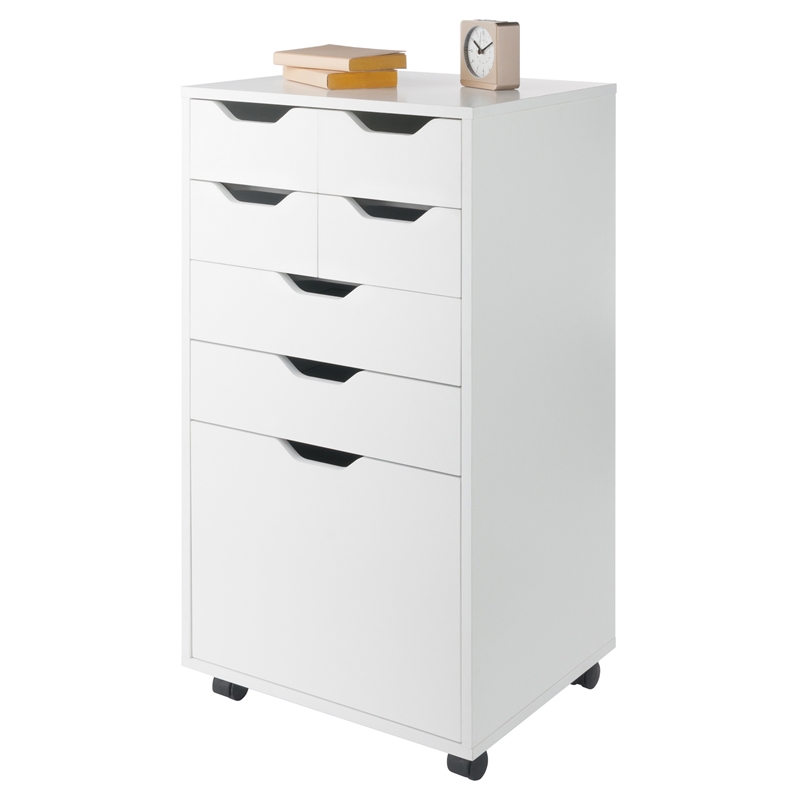 Pemberly Row Bins and Drawers Multi Storage Tall Mobile Cabinet in White