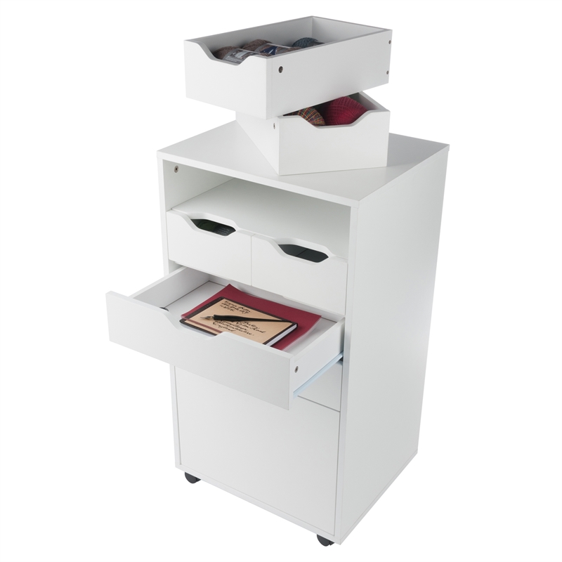 Pemberly Row Bins and Drawers Multi Storage Tall Mobile Cabinet in White
