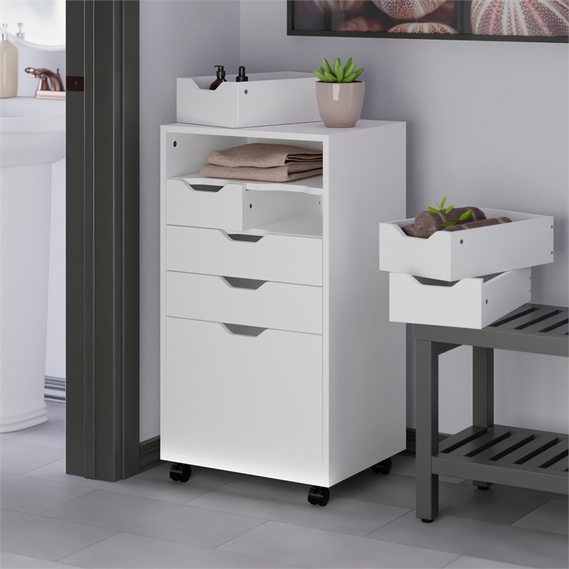 Pemberly Row Bins and Drawers Multi Storage Tall Mobile Cabinet in White