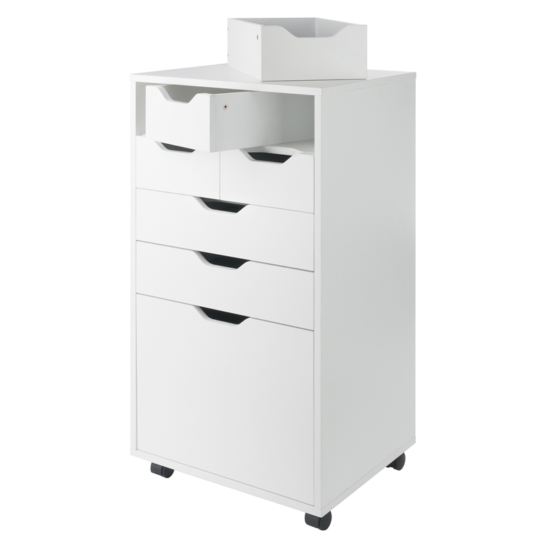 Pemberly Row Bins and Drawers Multi Storage Tall Mobile Cabinet in White
