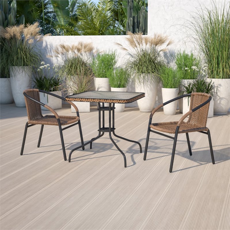 Pemberly Row Stackable Rattan Curved Back Dining Chair in Brown (Set of 2)