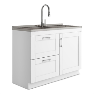 Pemberly Row 46&quot Laundry Cabinet with Faucet and Stainless Steel Sink in White