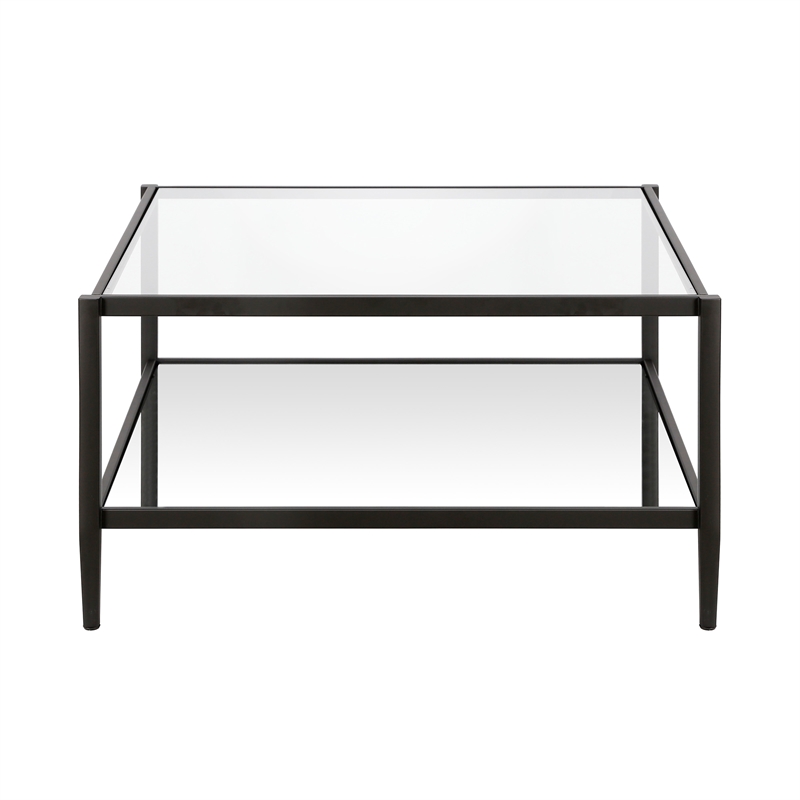 Pemberly Row Modern Square Coffee Table in Black and Bronze with Mirrored Shelf