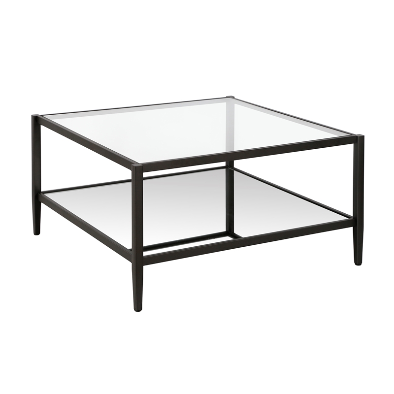 Pemberly Row Modern Square Coffee Table in Black and Bronze with Mirrored Shelf