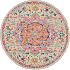 Pemberly Row Contemporary 8' Round Ivory Pink Fabric Bohemian Area Rug