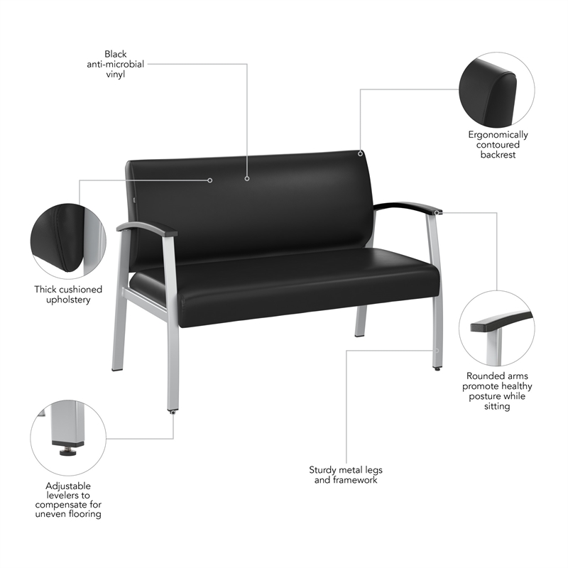 Pemberly Row Contemporary Waiting Room Loveseat with Arms in Black Vinyl