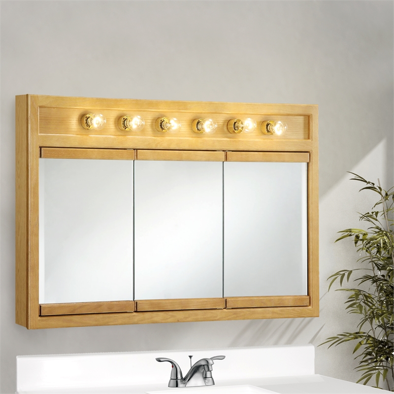 Pemberly Row 48-Inch Lighted Wood Medicine Cabinet in Nutmeg Oak