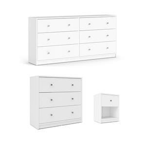 Pemberly Row Set of 3 Wood Double Dresser and Chest and Nightstand in White
