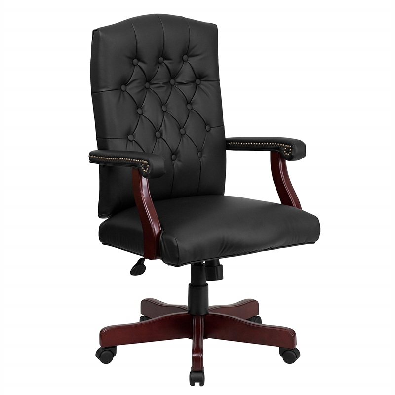Pemberly Row Contemporary Leather Swivel Office Chair in Black