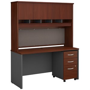 Pemberly Row Contemporary 60&quot 3 Drawer Credenza with Hutch in Hansen Cherry
