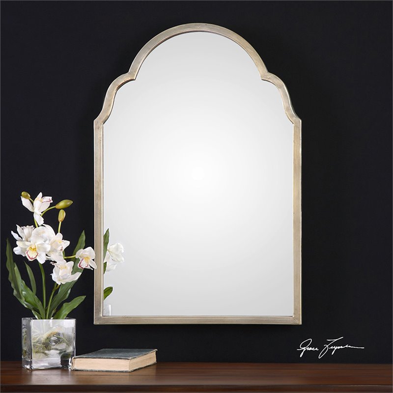 Pemberly Row Contemporary Metal Petite Arch Mirror in Silver Finish