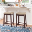 Pemberly Row Backless Counter Stool Beige Faux Leather Wood Frame in Brown