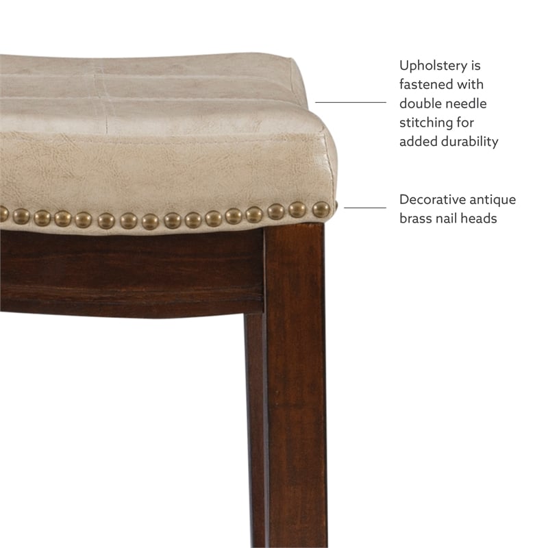 Pemberly Row Backless Counter Stool Beige Faux Leather Wood Frame in Brown