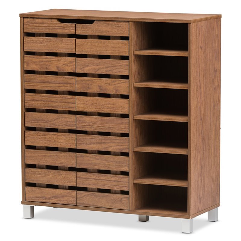 Pemberly Row Contemporary 2-Door Shoe Cabinet in Walnut Finish