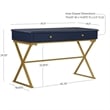 Pemberly Row Two Drawer Desk Gold Metal Criss Cross Legs Top in Blue Wood