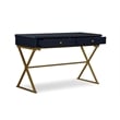 Pemberly Row Two Drawer Desk Gold Metal Criss Cross Legs Top in Blue Wood