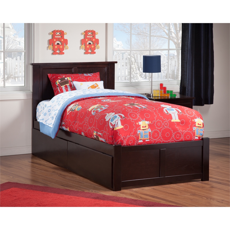 Pemberly Row Twin Wood Platform Bed with Footboard & Storage Drawers in Espresso