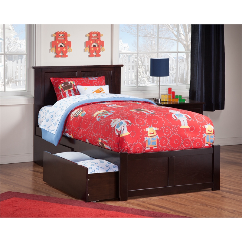 Pemberly Row Twin Wood Platform Bed with Footboard & Storage Drawers in Espresso
