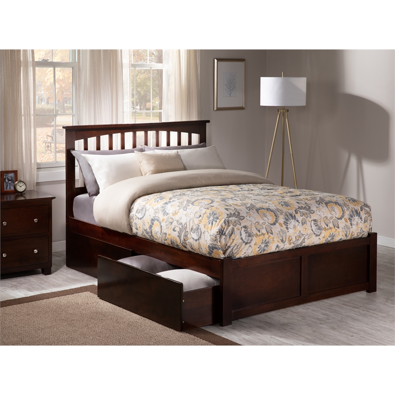 Pemberly Row Full Wood Platform Bed with Footboard and Storage Drawers in Walnut