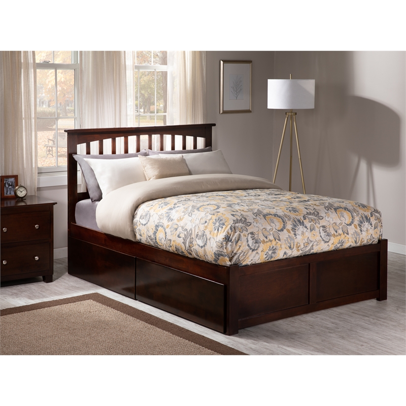 Pemberly Row Full Wood Platform Bed with Footboard and Storage Drawers in Walnut