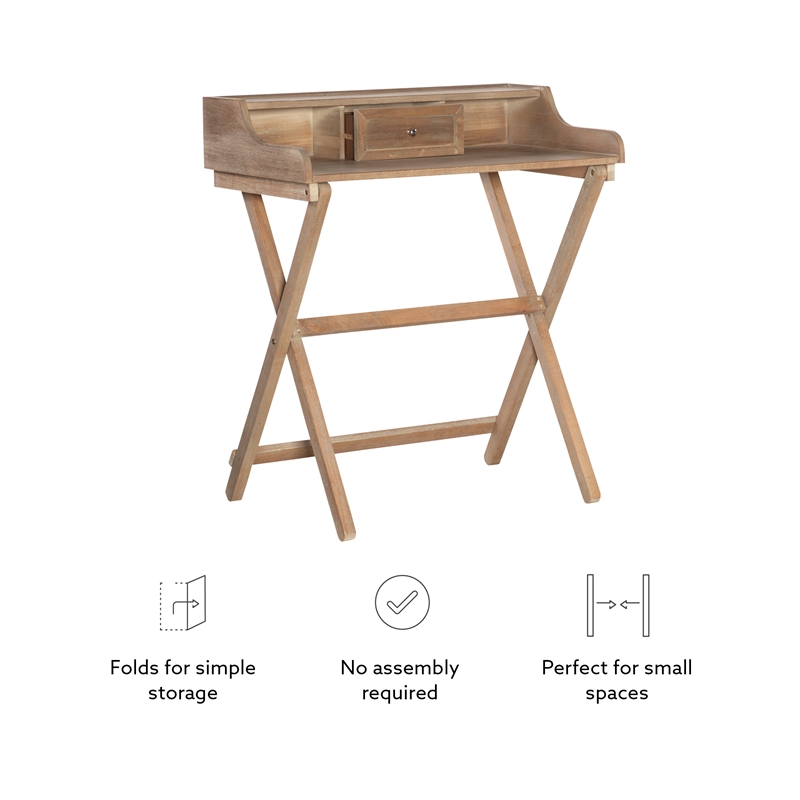 Pemberly Row Wood Folding Desk with Small Drawer in Rustic Brown Finish