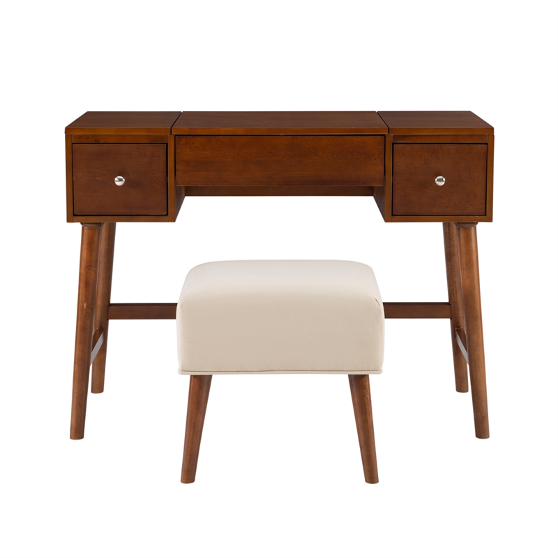 Pemberly Row Wood Vanity & Stool Set Flip Up Mirror 2 Drawers in Walnut Brown