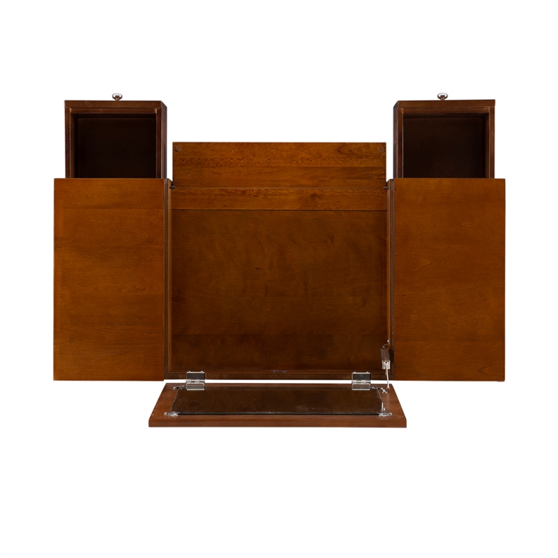 Pemberly Row Wood Vanity & Stool Set Flip Up Mirror 2 Drawers in Walnut Brown