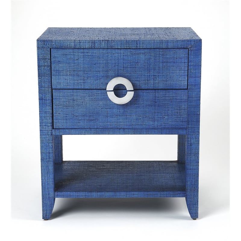 Pemberly Row Contemporary Wood Raffia End Table In Blue Finish