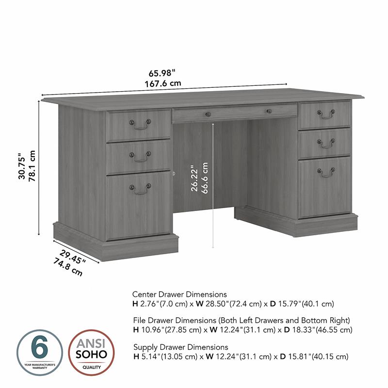 Pemberly Row Modern Executive Desk with Drawers in Modern Gray