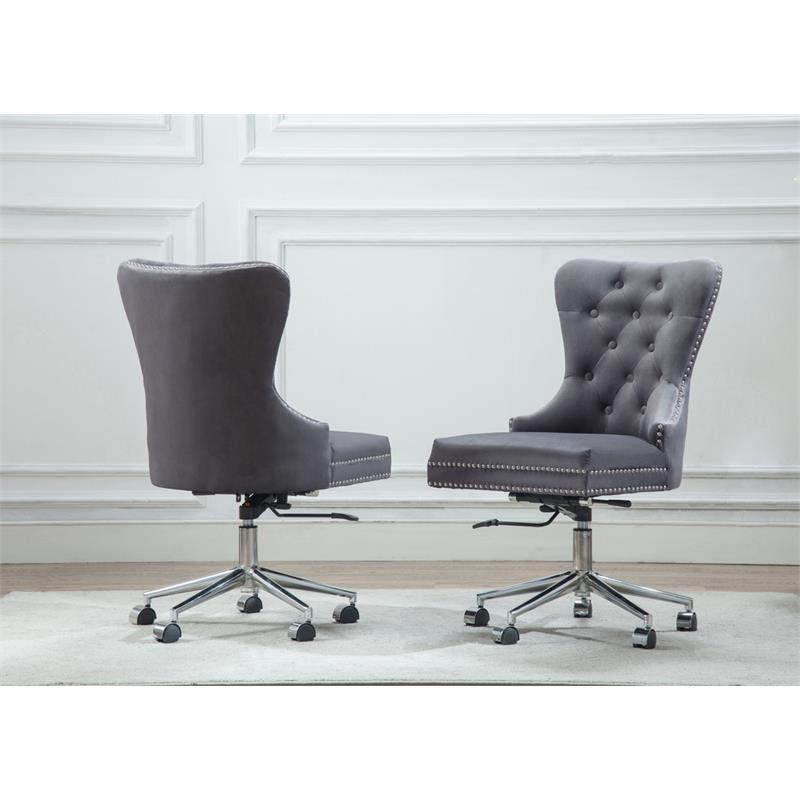 Pemberly Row Swivel Office Chair in Gray Velvet with Tufted Seat