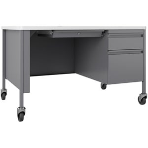 Pemberly Row 30x48 Mobile Right Hand Single Pedestal Metal Desk in Silver/White
