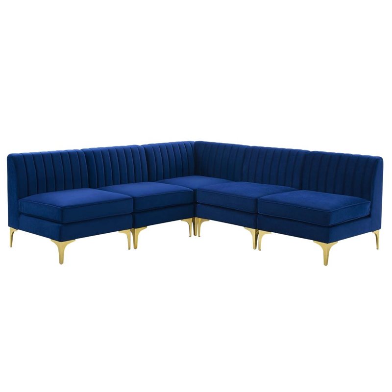 Pemberly Row 5-Piece Channel Performance Velvet Tufted Sectional Sofa in Navy