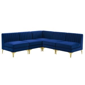 Pemberly Row 5-Piece Channel Performance Velvet Tufted Sectional Sofa in Navy