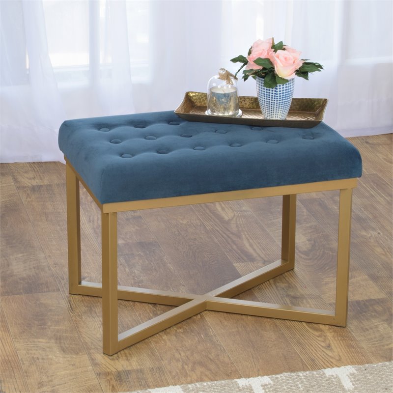 Pemberly Row Modern Metal Bench with Velvet Seat in Dark Blue Finish