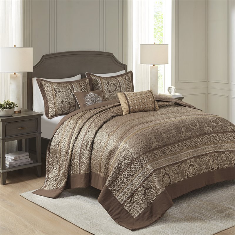 Pemberly Row 5-Piece Polyester Jacquard & Cotton Bedspread Set in Brown